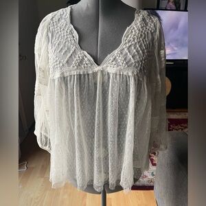 Free People Sheer white Lace with embroidered details on front Blouse